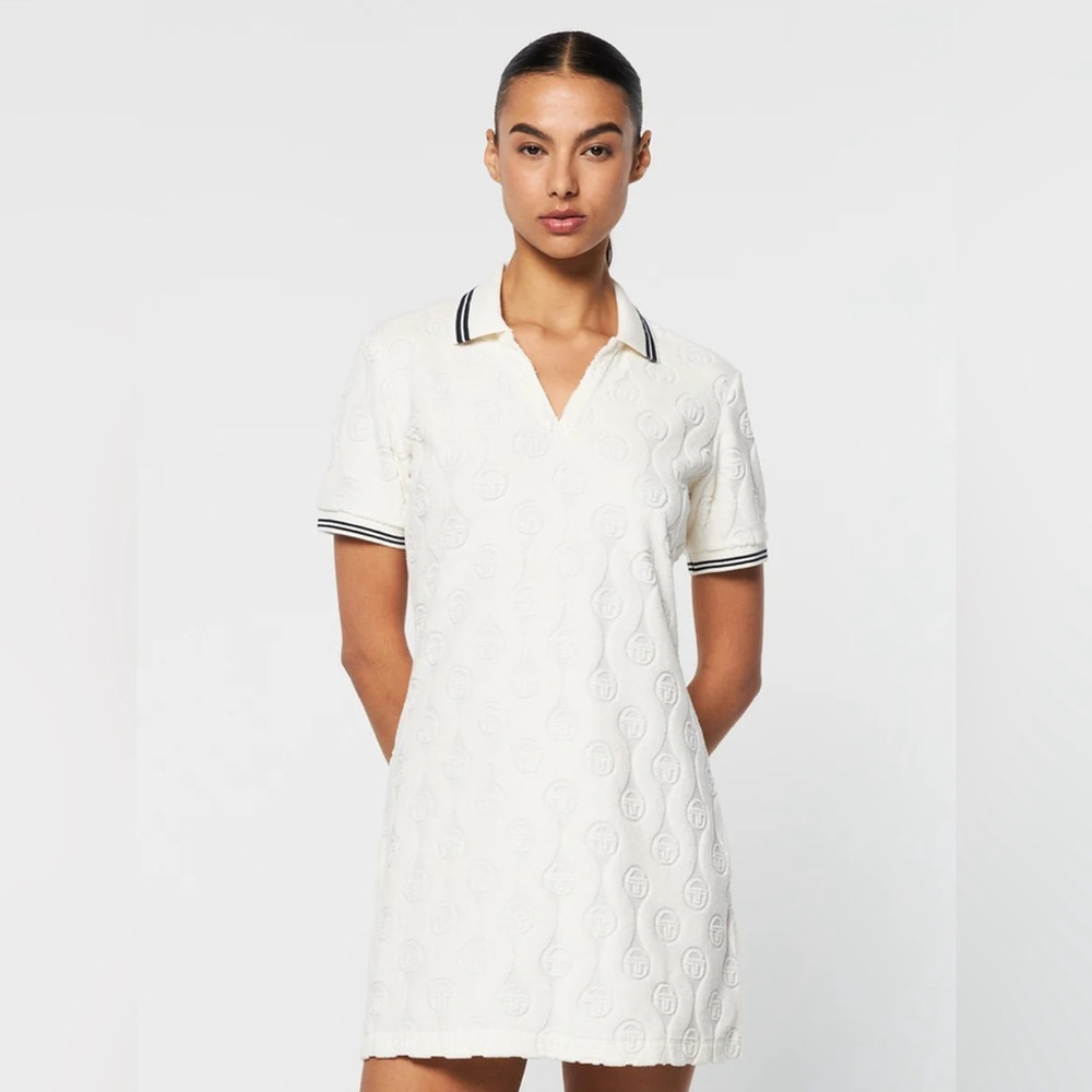 ** Sergio Tacchini Zona Tennis Dress in Gardenia Ivory Monogram Terry Cloth US M